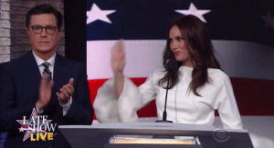 republican national convention,the late show with stephen colbert,yes,hello,hi,wave,applause,broadway,nod,rnc,laura,convention,melania trump,melania,plagiarism,smize,trump supporter,benanti,melania dress