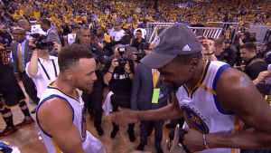 hug,champions,hugging,nba finals,steph curry,kevin durant,champs,game 5,durant,we did it,2017 nba finals,steph and kd,steph and durant,high five,were the champions