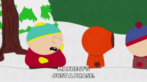 eric cartman,stan marsh,snow,talking,kenny mccormick,walking,tree,hat,determined