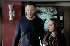 community,joel mchale,alison brie,dumb,jeff x annie,height difference,also matching blue sweaters,they do that a lot,and being equally pissed off at the same people lol
