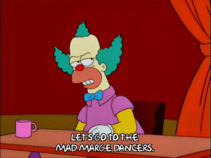 straight jacket,dancing,marge simpson,episode 21,season 11,krusty the clown,stage,11x21