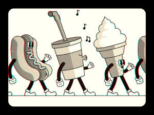ice cream,hot dog,whistle,animation,happy,cartoon,drink,old,2d,after effects,ae,walk cycle,tony babel