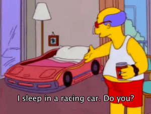 race car bed,bed,single,bachelor,depressing,simpsons