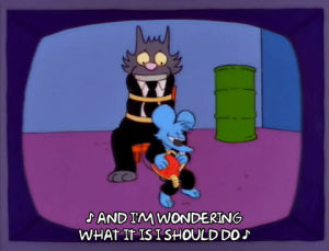 dancing,season 8,episode 13,excited,singing,itchy,scratchy,8x13,tied up,helpless,kiss scene