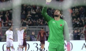 goalkeeper,alisson becker,goal celebration,relief,football,soccer,reactions,excited,celebration,celebrate,roma,calcio,as roma,celebrating,fist pump,pumped,asroma,keeper,romagif,relieved,alisson,point up