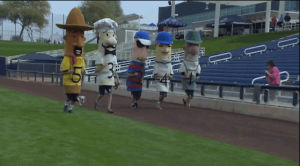 sausage,mascots,running,puppy,race,everyone,giant,brewers,race track,include