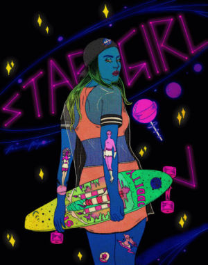 alien,digital art,lollipop,skate girl,neon,horoscope,art,lovey,girl,illustration,space,star,drawing,skate,nasa,skateboarding,universe,galaxy,skateboard,tattoo,planet,glow,shine,starboy,digital illustration