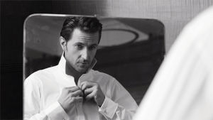 get dressed,richard armitage,mirror,getting dressed,black and white,hot,reactions,button up,buttoning up,buttoning shirt