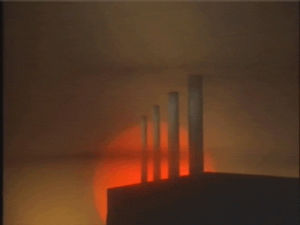 vhs,pollution,capitalism,climate change,80s,smog,global warming,haze,oc,sunset,factory,fallout,industrial,industry,devo,radiation,power plant,human highway,smoke stacks