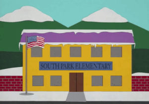 school,snow,flag,building,mountains,south park elementary