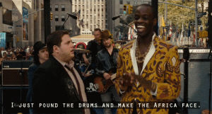 interview,movie,funny,film,dance,happy,smile,lol,comedy,face,lmao,haha,jonah hill,drums,africa,get him to the greek