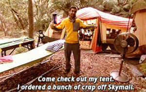 tent,camping,parks and recreation,parks and rec,aziz ansari,tom haverford,skymall
