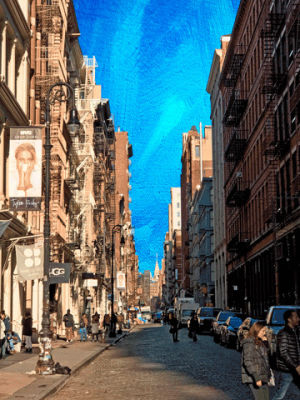 collage,soho,art,city,nyc,sky,street,new york,new york city,paint,stripes,manhattan,cobblestone,blakc and white,couds