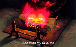 howls moving castle,she likes my spark,anime,happy,fire,eating,fall,falling,eat,bacon,eggs,feeding,confident,curse,feed,confidence,desperate,calcifer,gentle,bacon and eggs,be gentle with me please,may all your bacon burn
