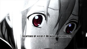 inori,anime,black and white,monster,fear,afraid