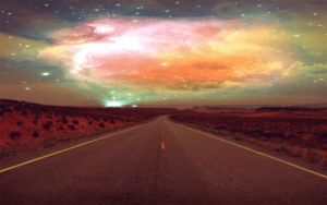 galaxy,road,pink,clouds,girl,stars,sky