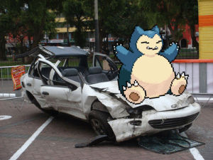 snorlax,wrecked car,pokemon,happy