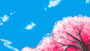 pixel,pixel art,sakura,pink,sky,clouds,cherry blossom,petals,blossom