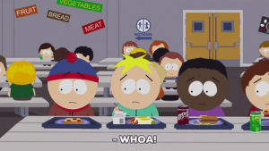 stan marsh,scared,butters stotch,table,lunch,token black,shaking,clyde donovan,lunchroom