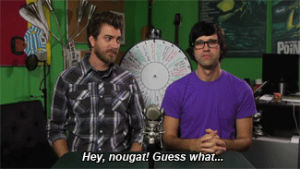 rhett and link,excited,serious,guess,gmm,good mythical morning,nougat,wheel of mythicality,frogging