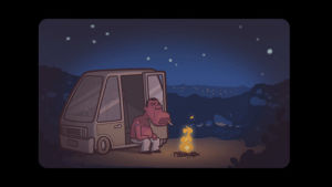 campfire,camping,music,animation,sad,cartoon,fire,night,smoking,depressed,lonely,van