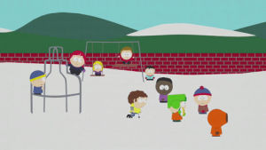 stan marsh,kyle broflovski,kids,kenny mccormick,ball,playing,children,catch,token black,playground,kanermouthguard was one of my first ships in this fandom tbh