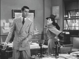 cary grant,his girl friday,rosalind russell,angry,classic film,argument,throwing