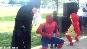 dancing,batman,iron man,costume,spiderman