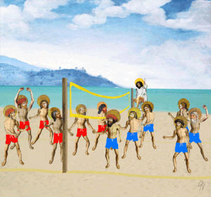 beach,art,scorpion dagger,scorpiondagger,beach volleyball,jesus and the 12 apostles playing beach volleyball,art design