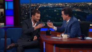 jamie dornan,party,drink,stephen colbert,drinking,alcohol,cheers,late show,toast