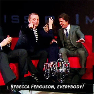rebecca ferguson,simon pegg,tom cruise,actors,rogue nation,mi5,rfergusonedit,fru,she is a delight and a t,and these three are the absolute cutest together