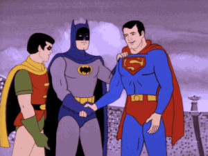 handshake,shake hands,meet,batman,superman,robin,superfriends,friendship,intro