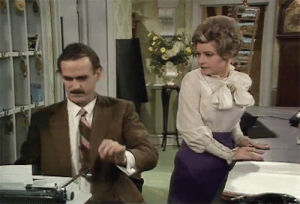 basil fawlty,fawlty towers,john cleese,reaction,comedy,perfect,sorry,70s,sarcasm,subtitles,1975,basil,prunella scales