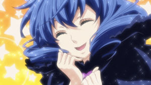 anime,happy,smile,talking,stars,smiling,yellow,shiny,sparkles,sparkly,blue hair