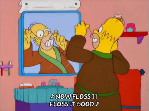 flossing,happy,homer simpson,season 13,excited,episode 6,interested,13x06