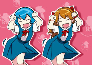 asuka,happy friday,anime girls,rei,dancing anime girls,anime,blue,neon genesis evangelion