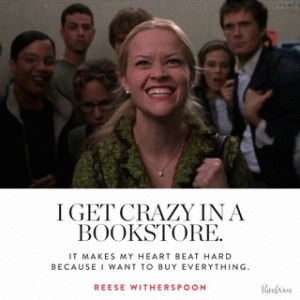 bookstore,happy,excited,crazy,books,reese witherspoon