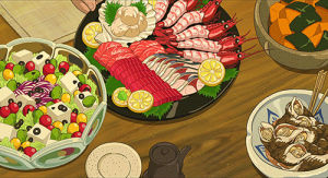 anime food,salad,omoide no marnie,seafood,sushi,anime,sashimi,seafood platter,food,japan,fish,studio ghibli,pumpkin,ghibli,when marnie was there,marnie,shrimp,ilme,prawn