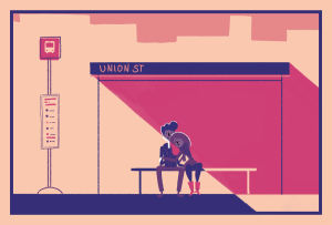 bus stop,animation,illustration,couple,music,happy,loop,video,drawing,character,comic,relationship,jeff buckley