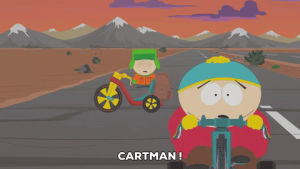 eric cartman,kyle broflovski,mad,riding,bikes,chasing