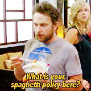 its always sunny in philadelphia,spaghetti policy,what is your spaghetti policy here,new job,charlie,charlie day,its always sunny,first day