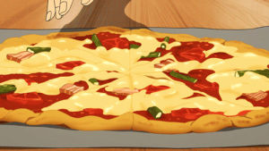 anime food,pizza,cheese,bacon,pepperoni,tomato,asparagus