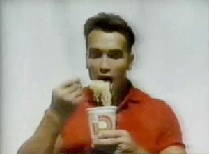 arnold schwarzenegger,eating,commercial,hungry,noodles