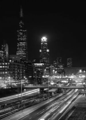 landscape,cityscape,traffic,black and white,chicago
