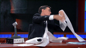 receipts,confused,stephen colbert,reading,late show,notes