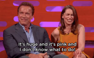 penis,reaction,reactions,laughing,love,emilia clarke,embarrassed,whoops,graham norton,embarrassment