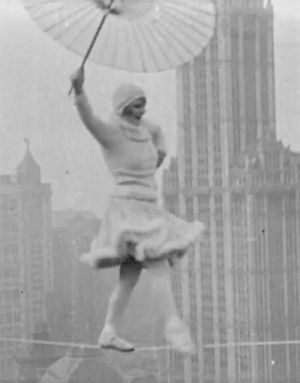 vintage,30s,tightrope,nyc,british path,1931,new york,1930s,newsreels,dancing,balance,lady dancing above new york