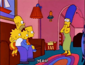 living room,season 3,homer simpson,marge simpson,lisa simpson,episode 12,excited,family,maggie simpson,cheer,couch,3x12,bart simpsons