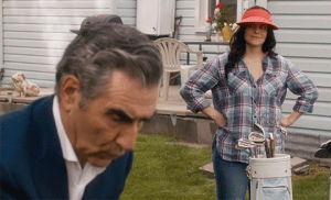 schitts creek,stevie budd,schittscreek,stevie,funny,comedy,smile,awkward,rose,humour,cbc,johnny,canadian,smirk,embarrassed,eugene levy,emily hampshire