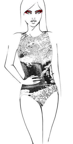 winter,swimsuit,fashion illustration,waterfall,fashion,illustration,snow,one piece swimsuit
